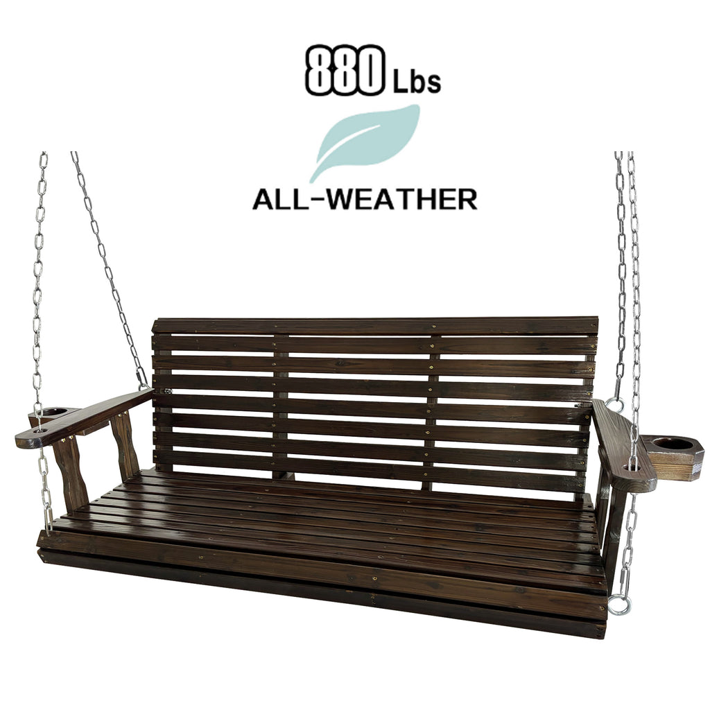 Fortune Candy Extended 3-Seater Wooden Porch Swing with Seat Cushion, Cup Holders, Hanging Chains and 7mm Springs, Heavy Duty 880 LBS (Deep Brown, 5.5 FT)