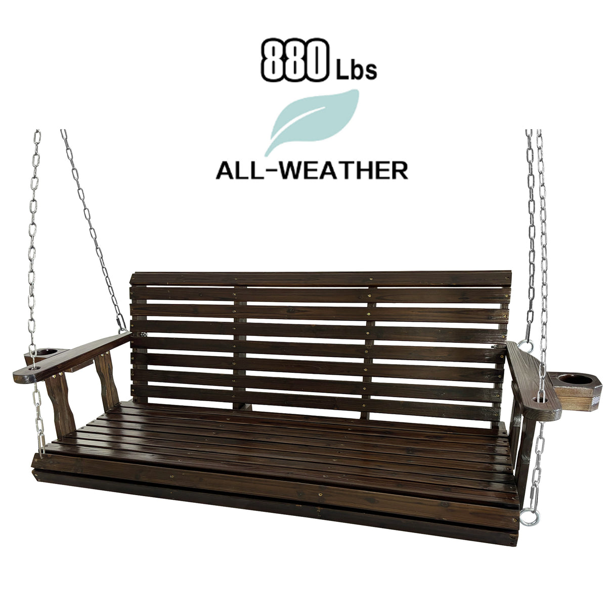 Fortune Candy Extended 3-Seater Wooden Porch Swing with Seat Cushion, Cup Holders, Hanging Chains and 7mm Springs, Heavy Duty 880 LBS (Deep Brown, 5.5 FT)