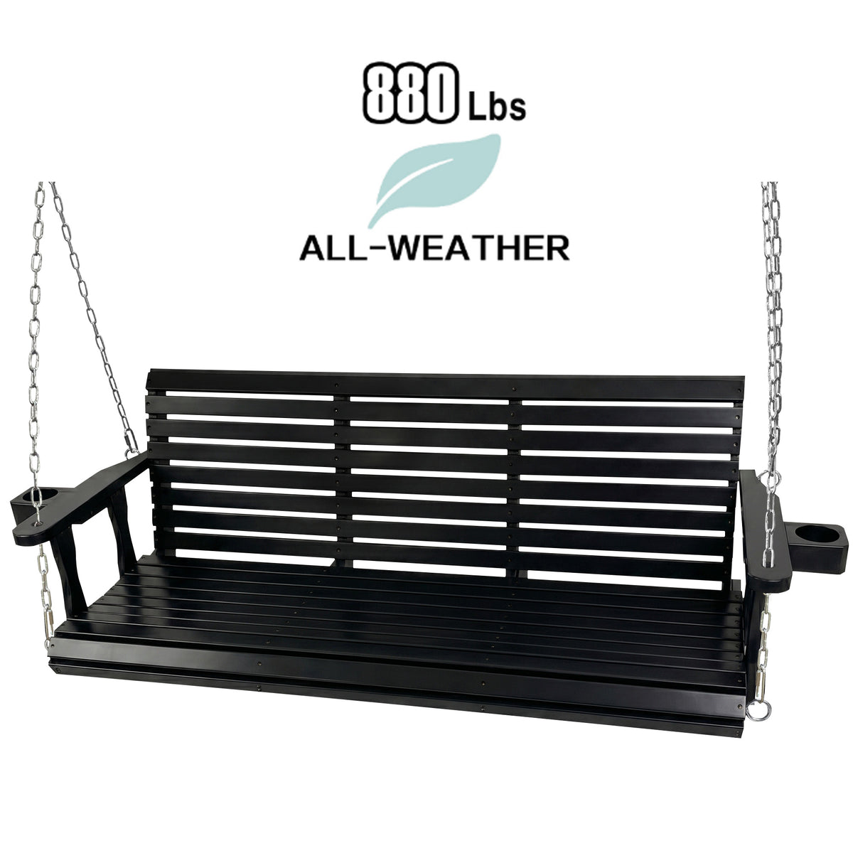 Fortune Candy Extended 3-Seater Wooden Porch Swing with Seat Cushion, Cup Holders, Hanging Chains and 7mm Springs, Heavy Duty 880 LBS (Black, 5.5 FT)