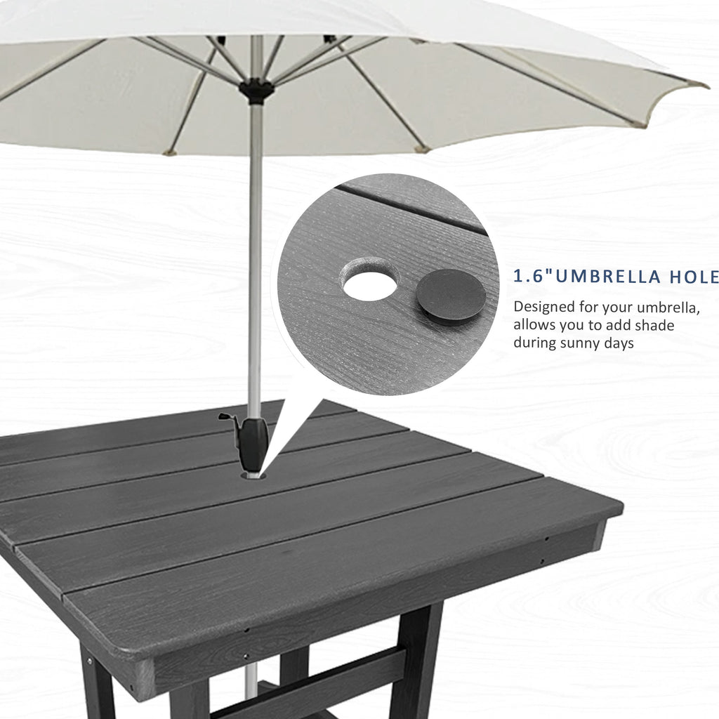 Modern HDPE Patio Dining Table, with Umbrella Hole, Weather Resistant, for Outdoor, Yard, Lawn (Grey, 1 Piece - 35.7'' Table)