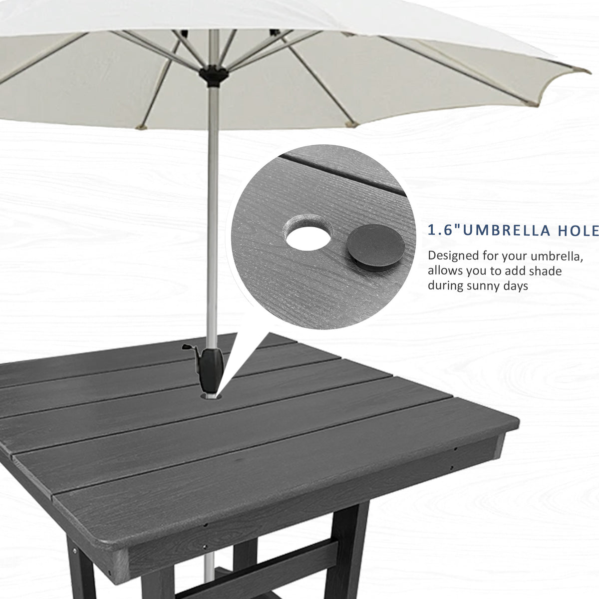 Modern HDPE Patio Dining Table, with Umbrella Hole, Weather Resistant, for Outdoor, Yard, Lawn (Grey, 1 Piece - 35.7'' Table)