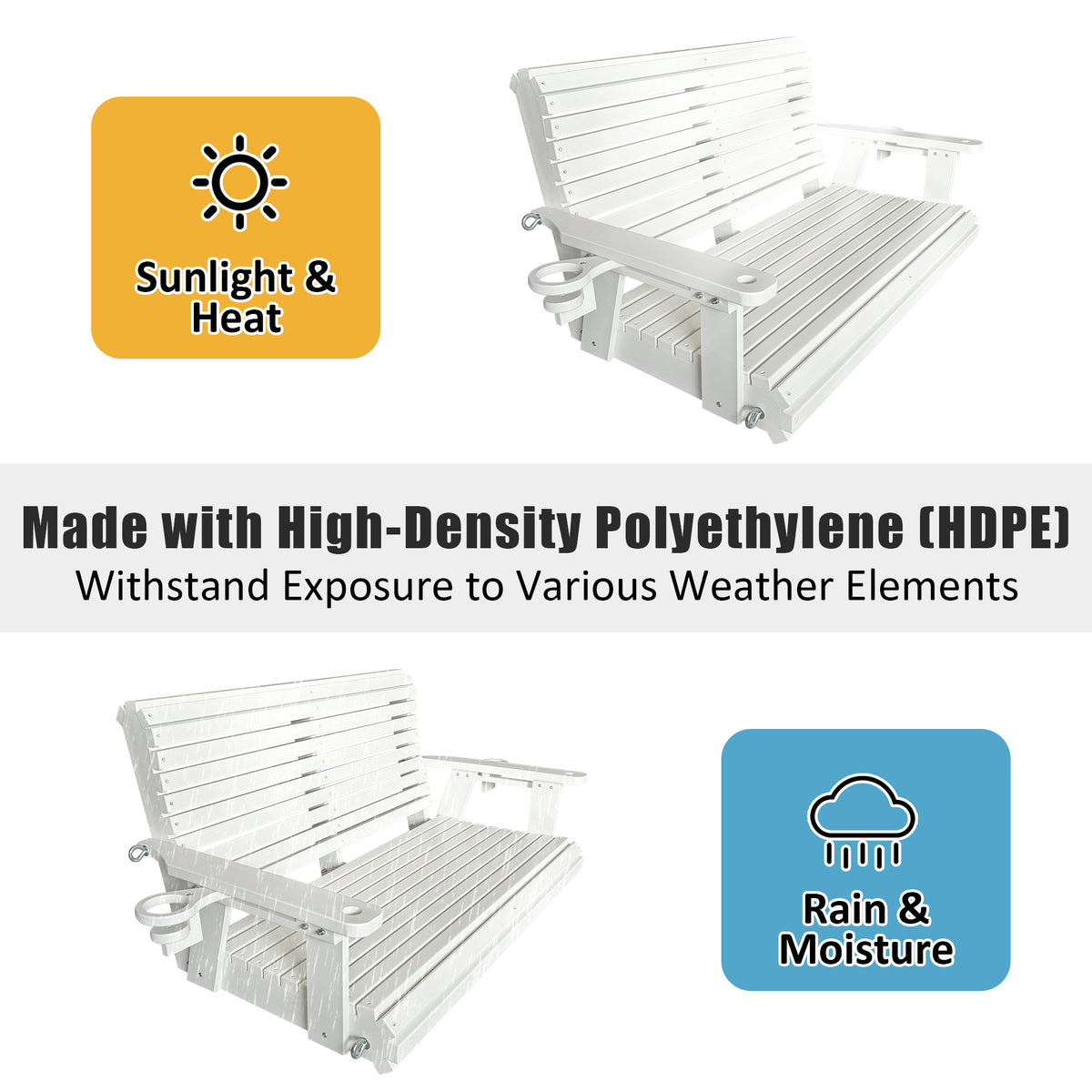 HDPE Porch Swing with 18/8 Stainless Steel Bolts, Ergonomic Design, Ultra Weather-Resistant, Heavy Duty 1200 LBS, for Outdoor Patio Garden Yard (Vanilla White)