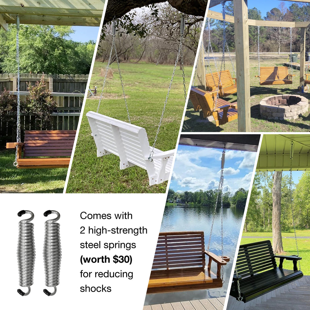 Fortune Candy Extended 3-Seater Wooden Porch Swing with Seat Cushion, Cup Holders, Hanging Chains and 7mm Springs, Heavy Duty 880 LBS (Black, 5.5 FT)