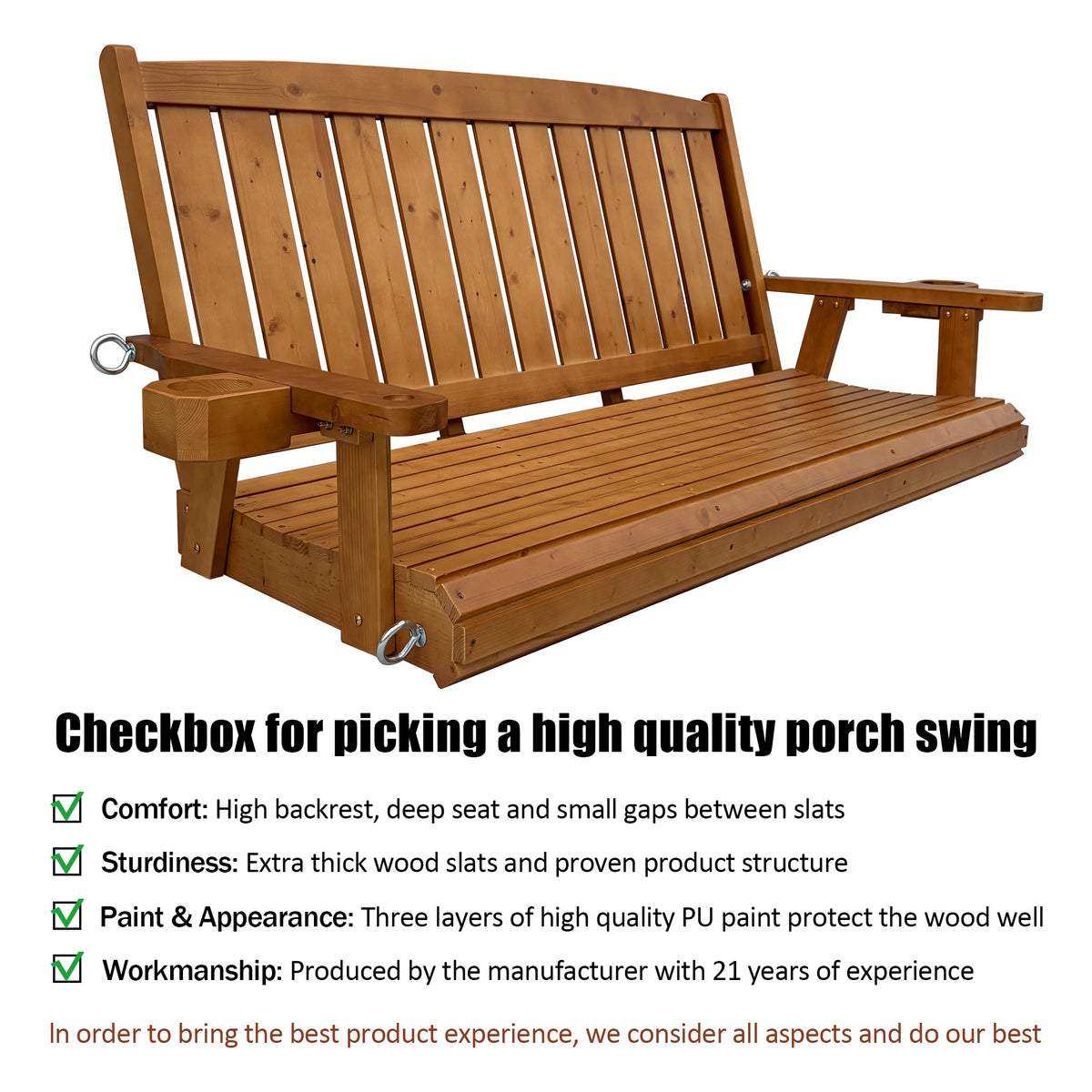 Wooden Porch Swing 3-Seater, Bench Swing with Cupholders, Heavy Duty 800 LBS, for Outdoor Patio Garden (Warm Teak Color, 5 FT Extra Large)
