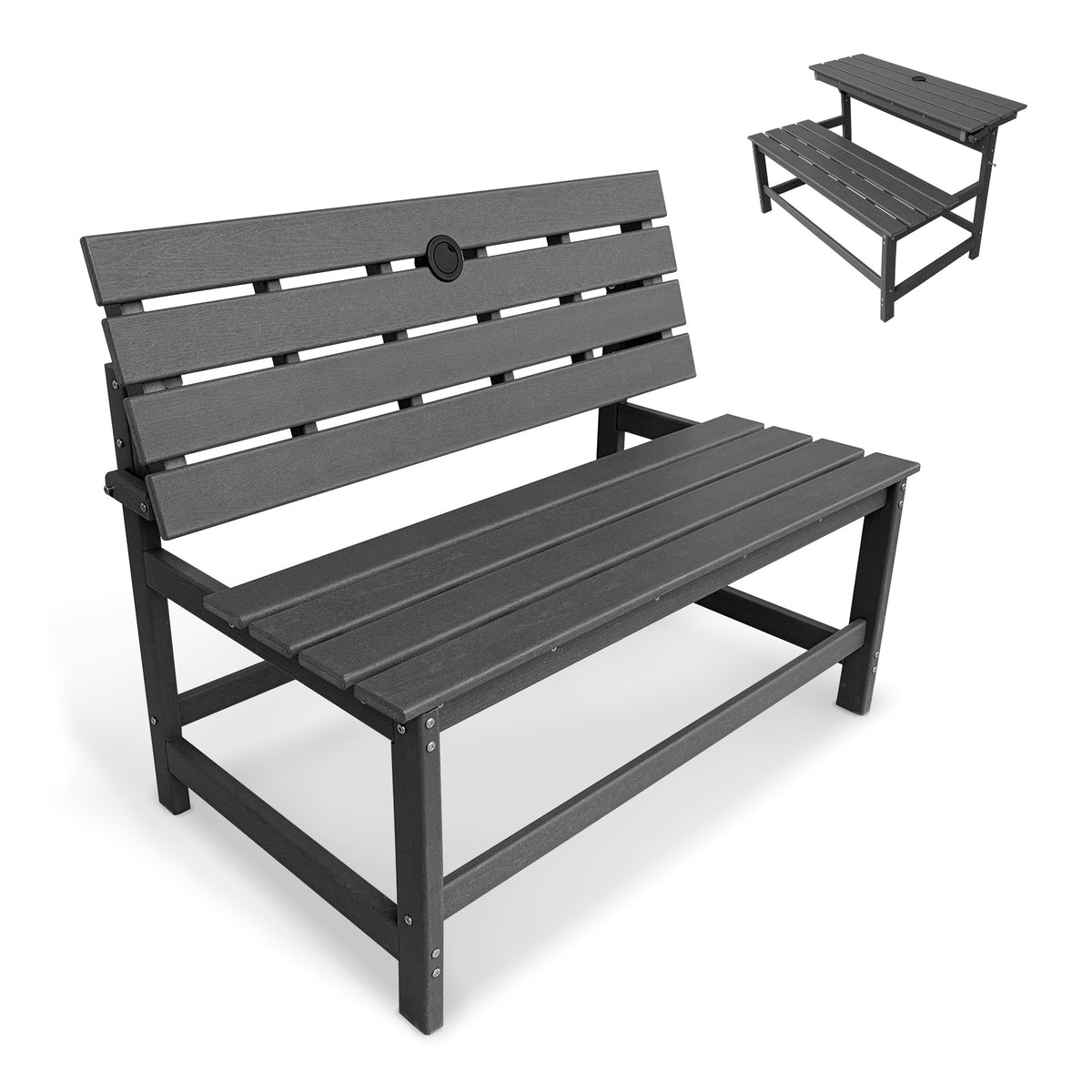HDPE Convertible Bench Dinning Table with Umbrella Hole for Garden,Patio,Backyard