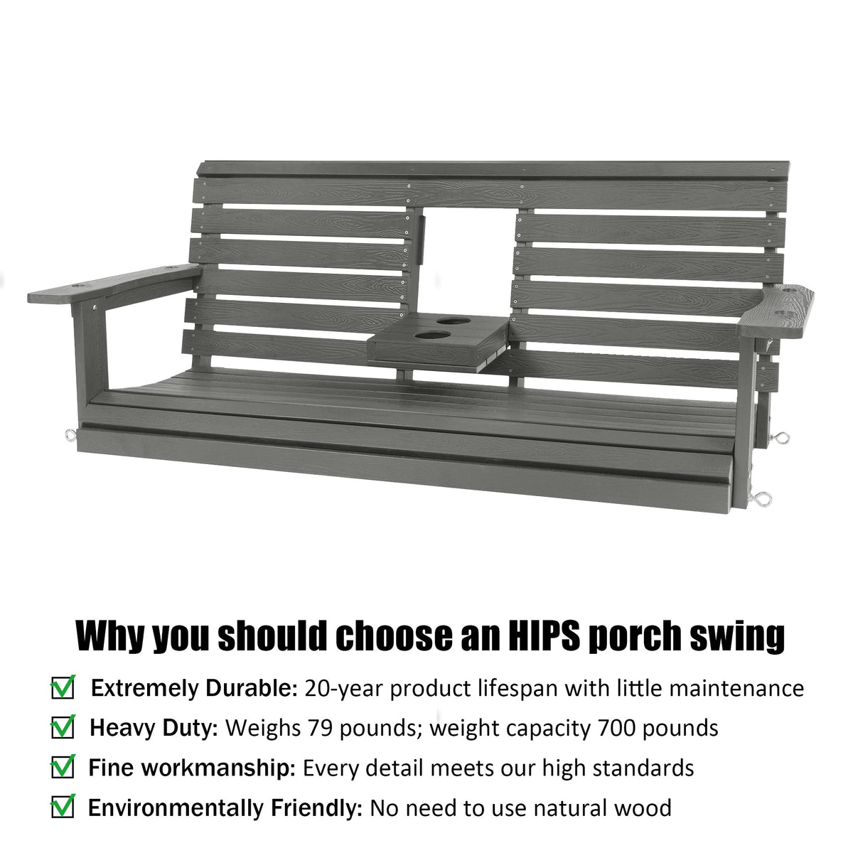 Poly Lumber 3-Seat Porch Swing, HIPS 5-Feet Bench Swing with Foldable Cup Holders,18/8 Stainless Steel Hardware, High Backrest and Deep Contoured Seat (Gray, 5-feet)