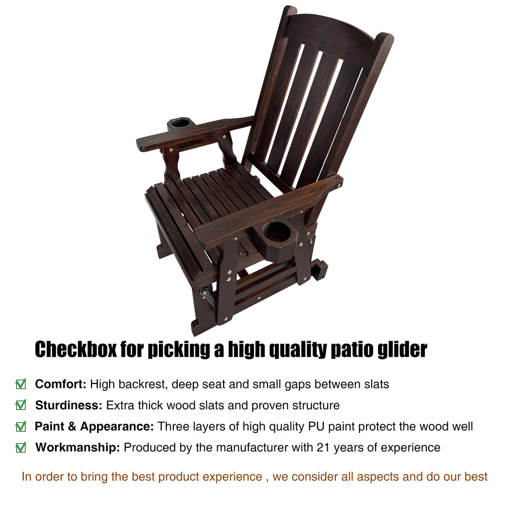 Wooden Patio Glider for One Person, with High Back and Deep Contoured Seat, Solid Fir Wood, Heavy Duty 600 LBS (Slat Back, Deep Brown)
