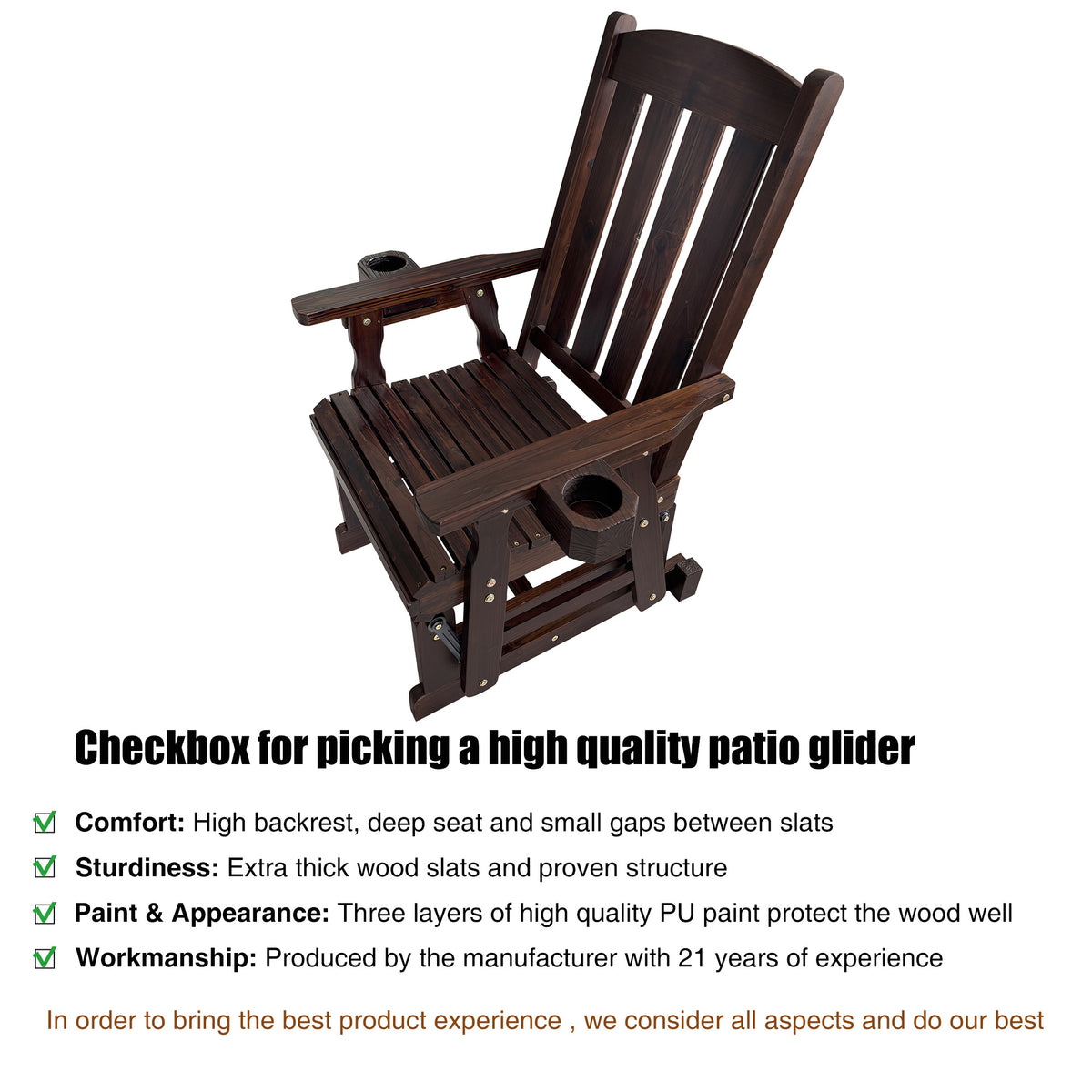 Wooden Patio Glider for One Person, with High Back and Deep Contoured Seat, Solid Fir Wood, Heavy Duty 600 LBS (Slat Back, Deep Brown)