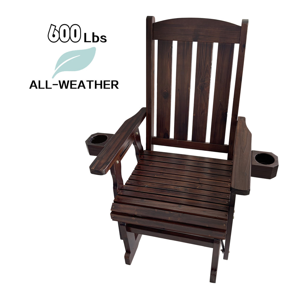 Wooden Patio Glider for One Person, with High Back and Deep Contoured Seat, Solid Fir Wood, Heavy Duty 600 LBS (Slat Back, Deep Brown)