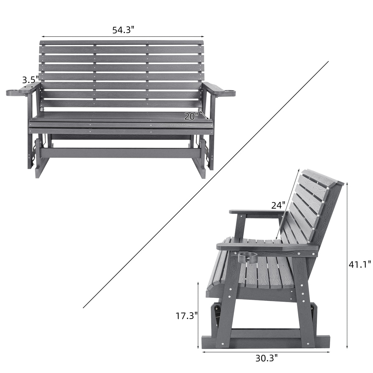 HIPS Patio Glider with Cup Holders, Durable Poly Lumber Material, All-Weather Resistant, High Backrest and Deep Contoured Seat, Ladder Back, Heavy Duty 900 LB, for Outdoor, Patio (Gray, 3-Seat)