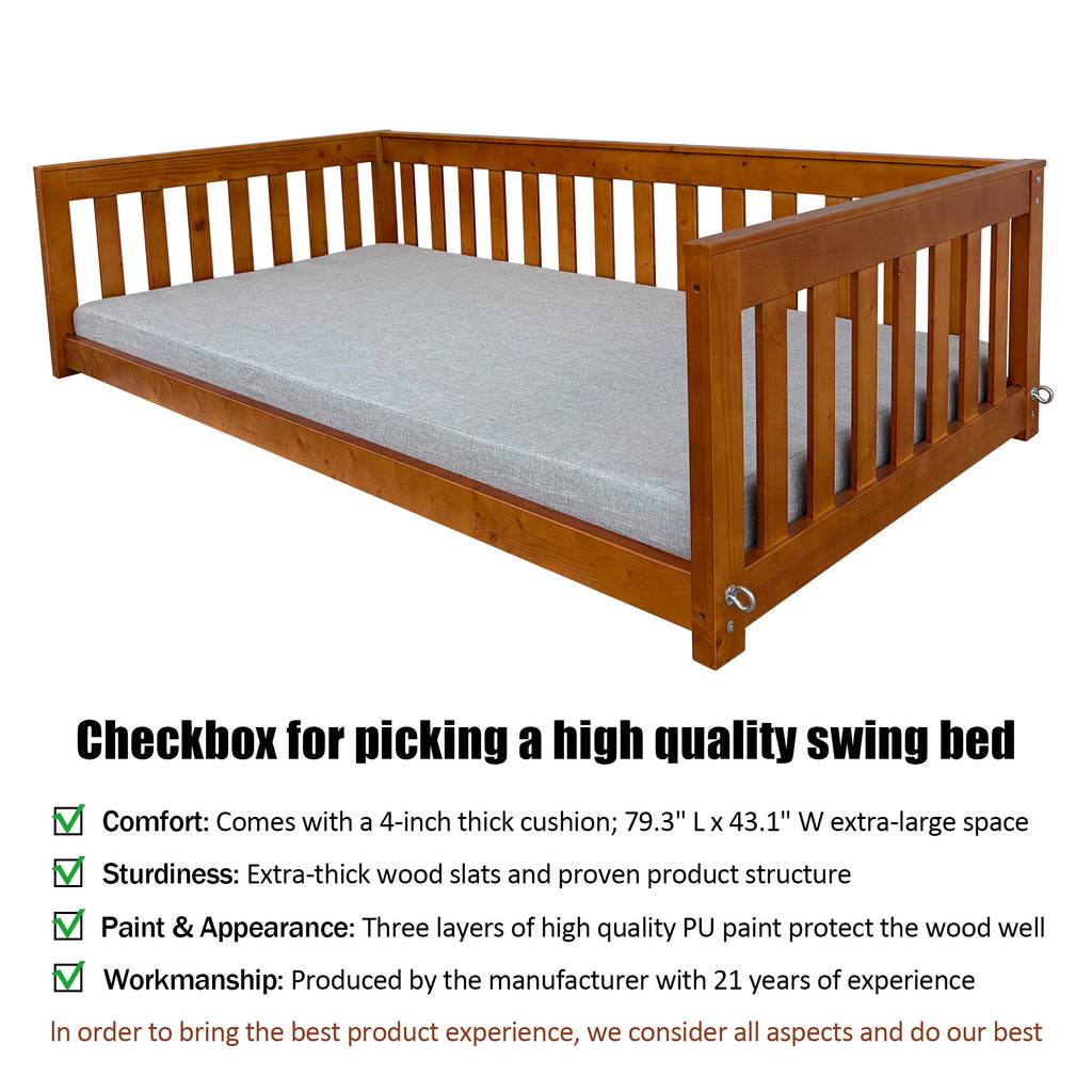 6 FT Wooden Porch Swing Bed with Thick Cushion – Outdoor Hanging Daybed for Patio or Porch, Solid Fir Wood Frame, Heavy Duty 1000 LBS