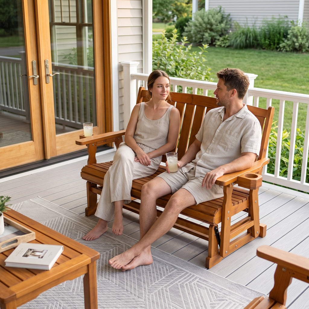 Fortune Candy Wooden Patio Glider, with Cup Holders, High Back and Deep Contoured Seat, Solid Fir Wood, Heavy Duty 880 LBS (Teak Tone, 2-Seater)