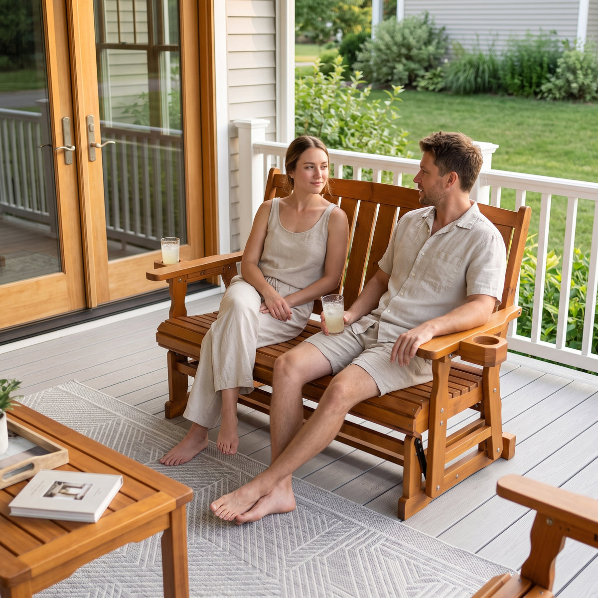 Fortune Candy Wooden Patio Glider, with Cup Holders, High Back and Deep Contoured Seat, Solid Fir Wood, Heavy Duty 880 LBS (Teak Tone, 2-Seater)