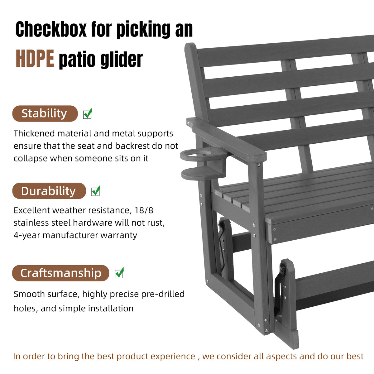 HDPE Patio Glider, Poly Lumber Weather-Resistant Outdoor Glider Bench, for Patio, Porch, Yard (Gray, 3-Seater)