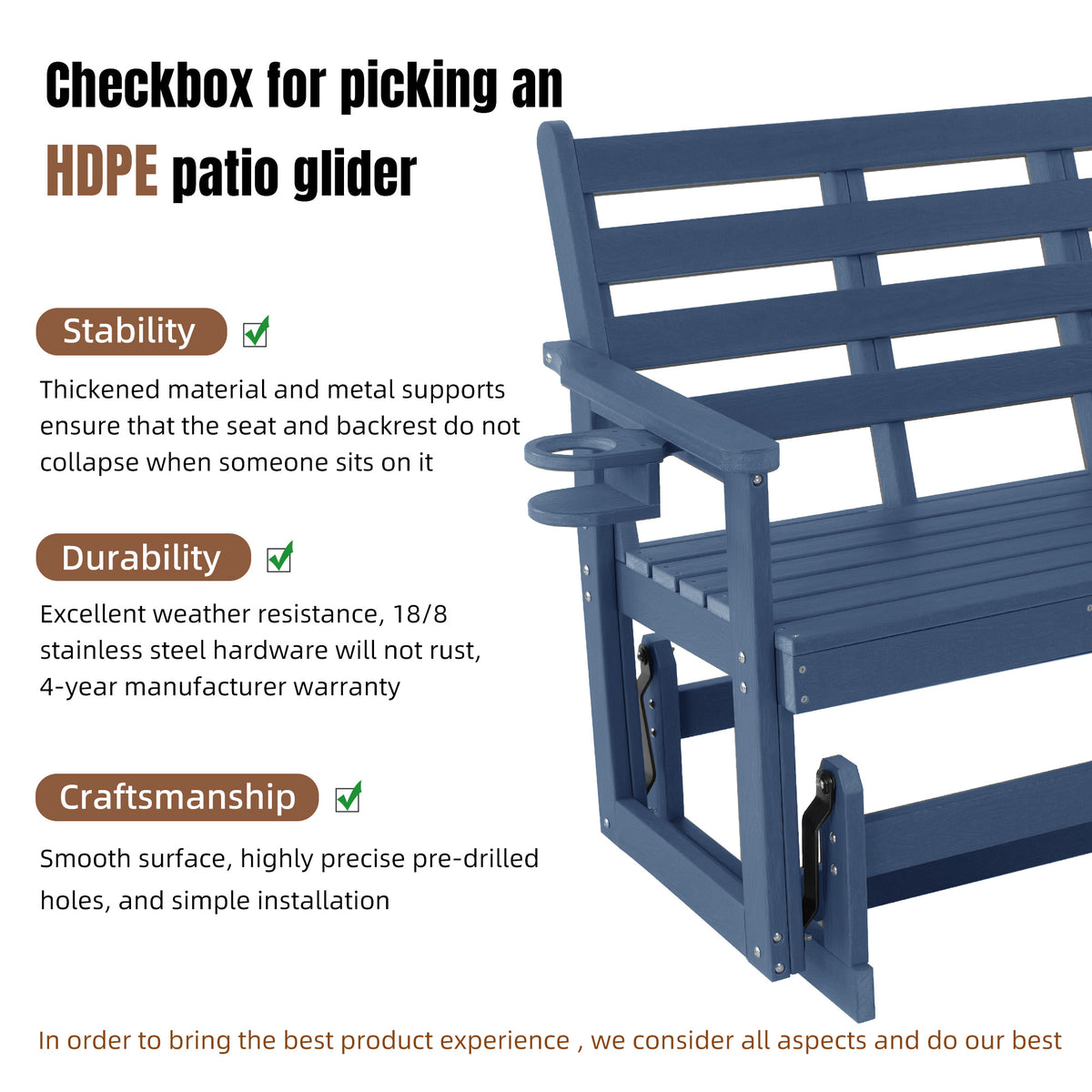 HDPE Patio Glider, Poly Lumber Weather-Resistant Outdoor Glider Bench, for Patio, Porch, Yard (Navy Blue, 2-Seater)