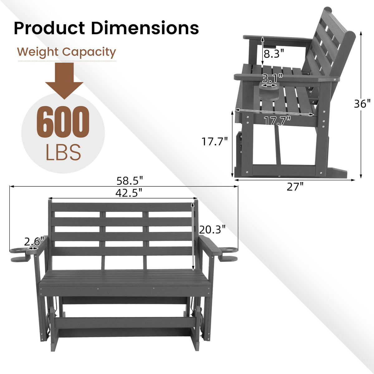 HDPE Patio Glider, Poly Lumber Weather-Resistant Outdoor Glider Bench, for Patio, Porch, Yard (Gray, 2-Seater)