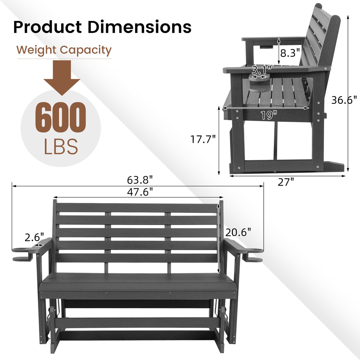 HDPE Patio Glider, Poly Lumber Weather-Resistant Outdoor Glider Bench, for Patio, Porch, Yard (Gray, 3-Seater)