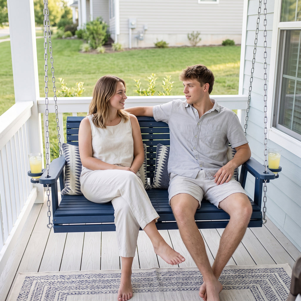 HDPE Porch Swing with 18/8 Stainless Steel Bolts, Ergonomic Design, Ultra Weather-Resistant, Heavy Duty 1200 LBS, for Outdoor Patio Garden Yard（Navy Blue）