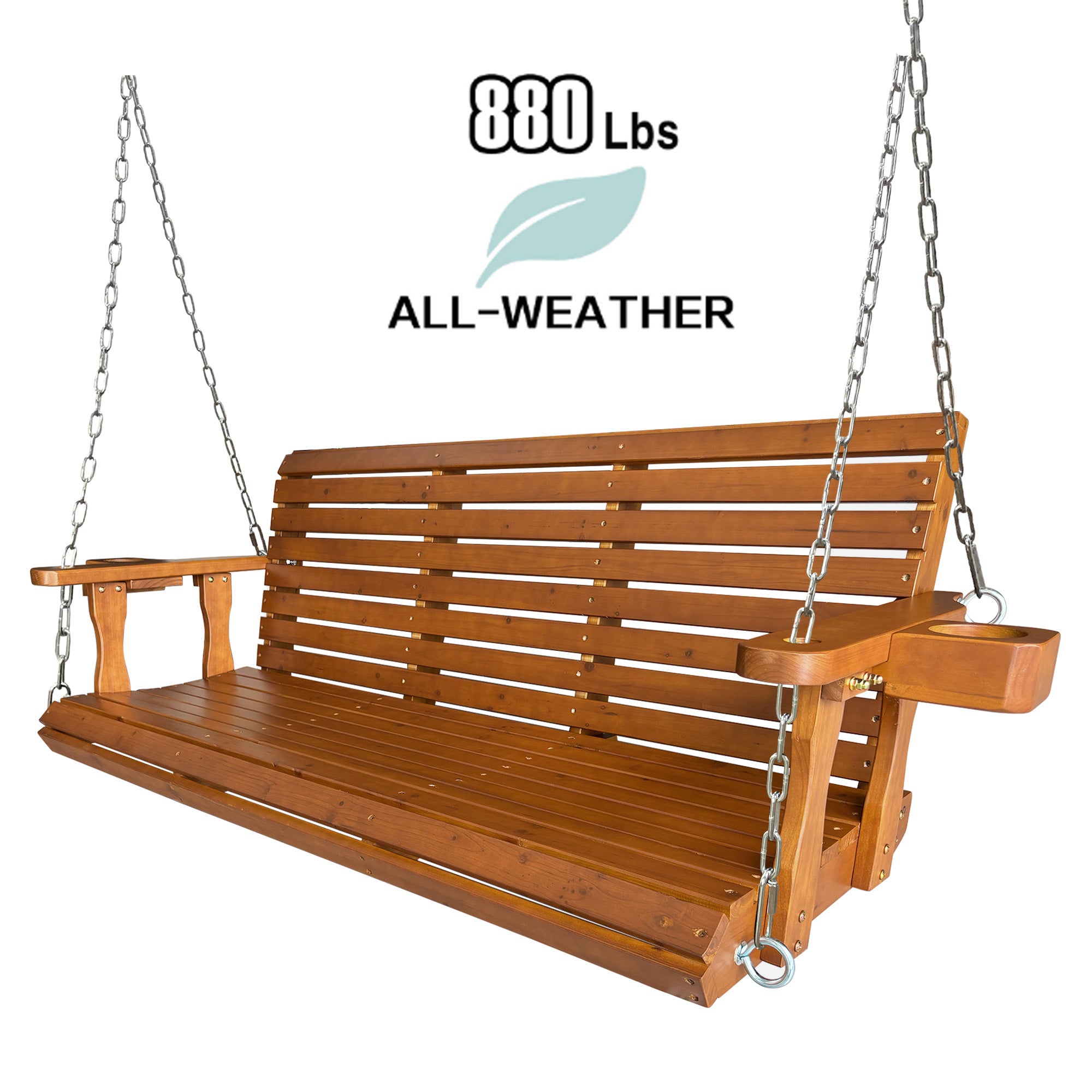 Wooden Porch Swing 2-Seater, Bench Swing with Cupholders, Hanging Chains and 7mm Springs, Heavy Duty 800 LBS, for Outdoor Patio Garden (Warm Teak Color, 5 FT Extra Large)