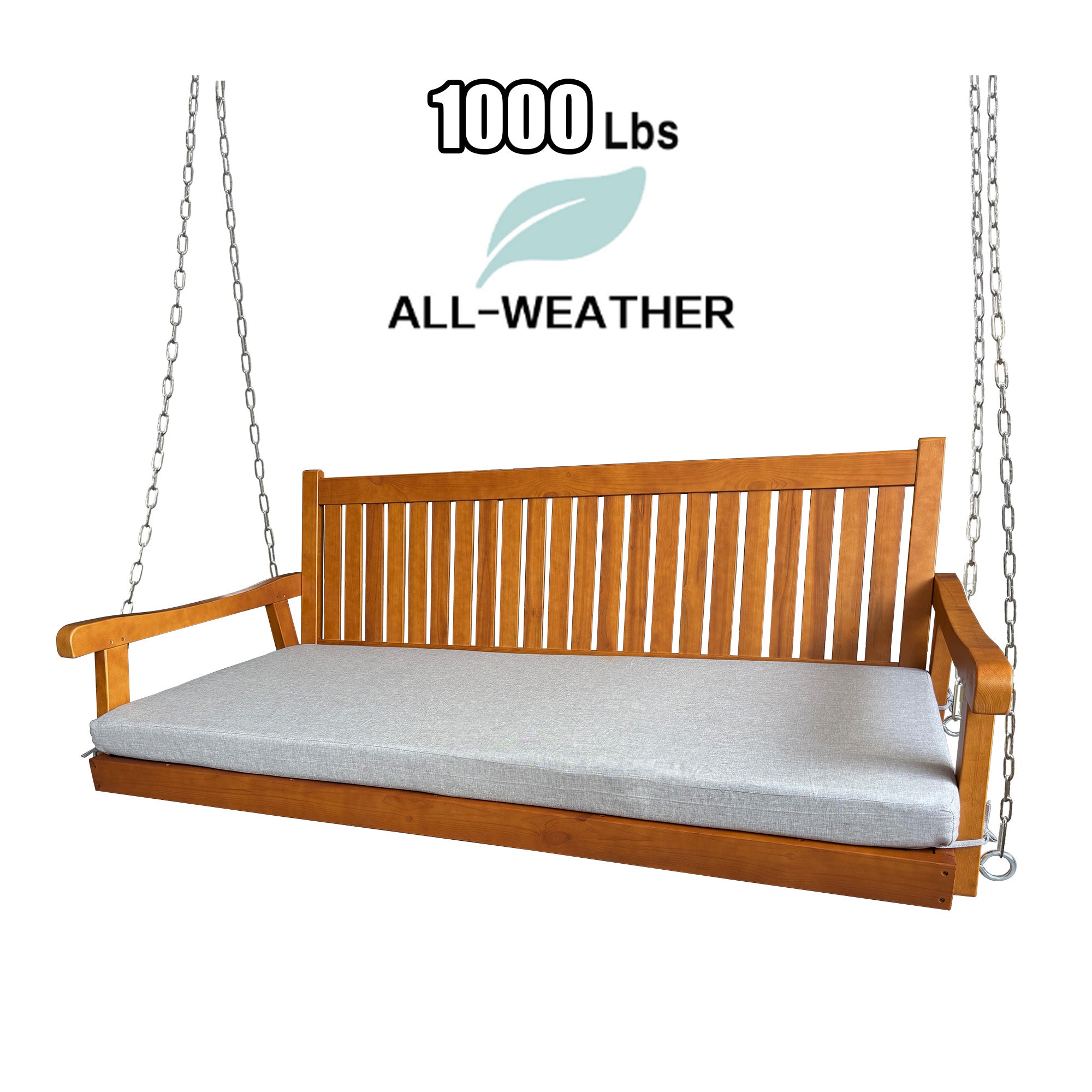 6 FT Wooden Porch Swing Bed with Thick Cushion – Outdoor Hanging Daybed for Patio or Porch, Solid Fir Wood Frame, Weather-Resistant, Heavy Duty 1000 LBS