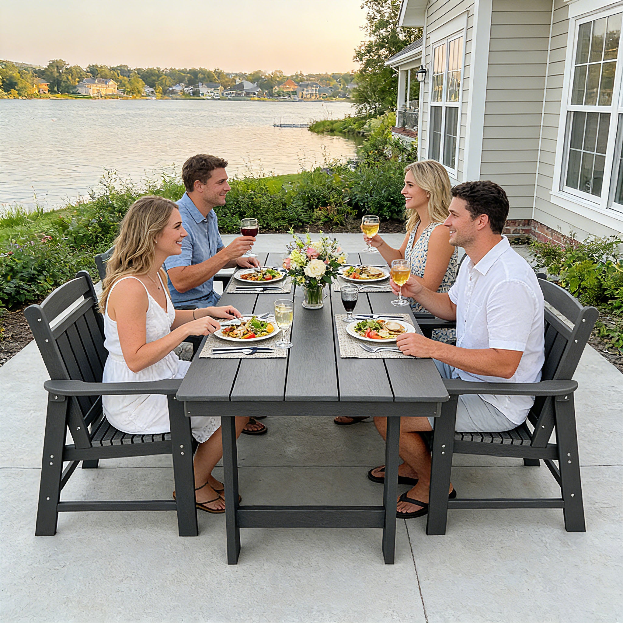 Modern HDPE Patio Dining Set, Poly Lumber Table and Chair, with Umbrella Hole, Weather Resistant, for Outdoor, Yard, Lawn (7 Piece)