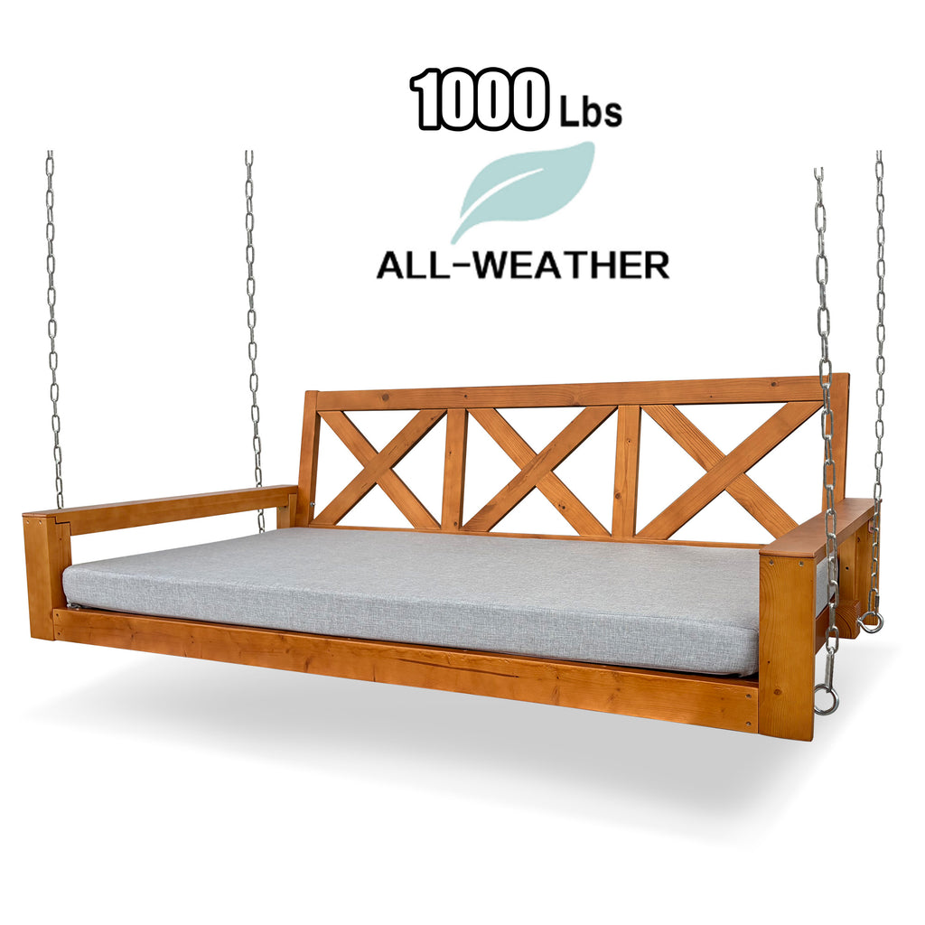 Fortune Candy 6.3 FT Wooden Porch Swing Bed with Thick Cushion – Outdoor Hanging Daybed for Patio or Porch, Solid Fir Wood Frame, Weather-Resistant, Heavy Duty 1000 LBS (Brown)