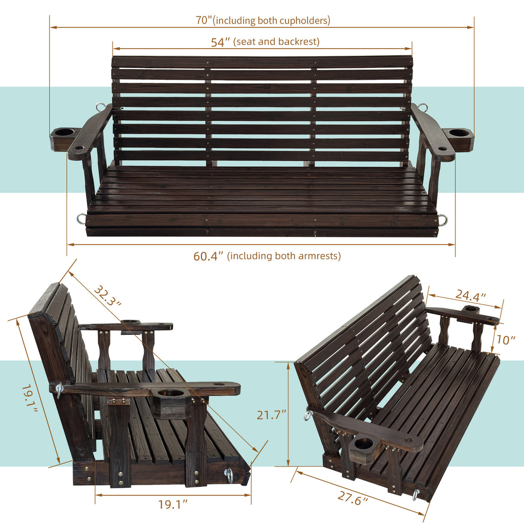 Fortune Candy Wooden Porch Swing 3-Seater, High Backrest and Deep Seat, Bench Swing with Cupholders, Hanging Chains and 7mm Springs, Heavy Duty 880 LBS (Deep Brown, 5 FT Extra Large)