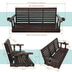 Fortune Candy Wooden Porch Swing 3-Seater, High Backrest and Deep Seat, Bench Swing with Cupholders, Hanging Chains and 7mm Springs, Heavy Duty 880 LBS (Deep Brown, 5 FT Extra Large)