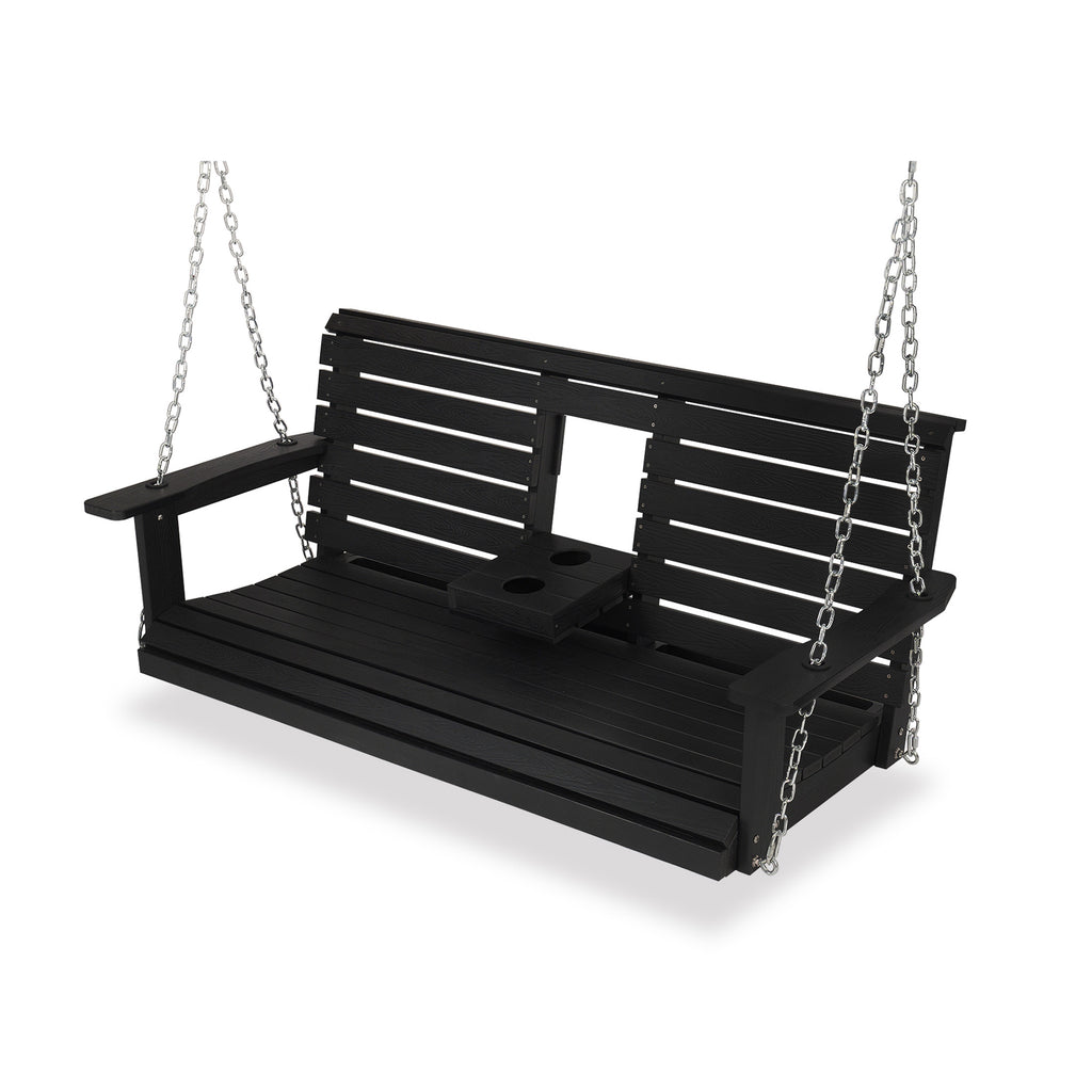 Poly Lumber 3-Seat Porch Swing, HIPS 5-Feet Bench Swing with Foldable Cup Holders,18/8 Stainless Steel Hardware, High Backrest and Deep Contoured Seat, Carbon Black