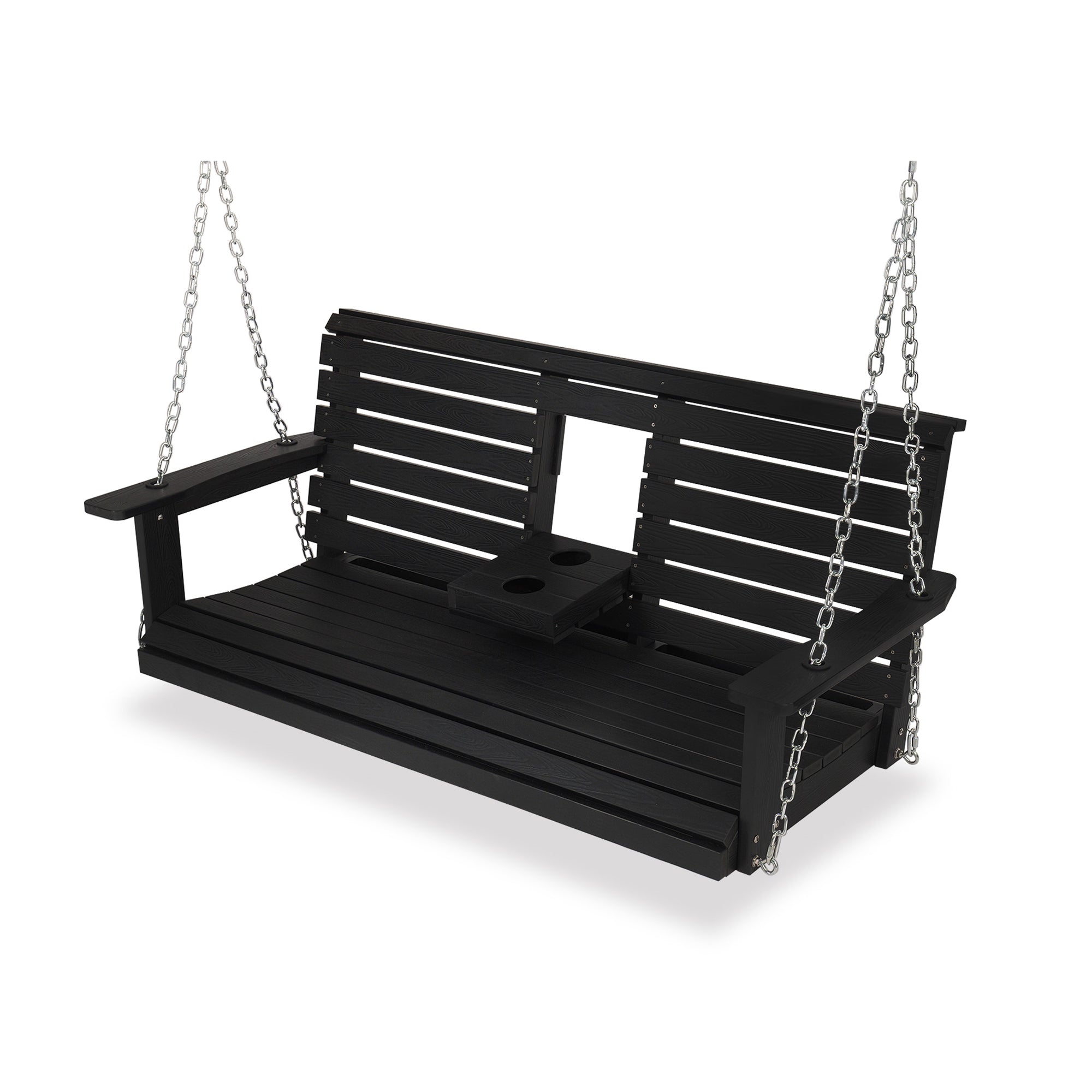 Poly Lumber 3-Seat Porch Swing, HIPS 5-Feet Bench Swing with Foldable Cup Holders,18/8 Stainless Steel Hardware, High Backrest and Deep Contoured Seat, Carbon Black