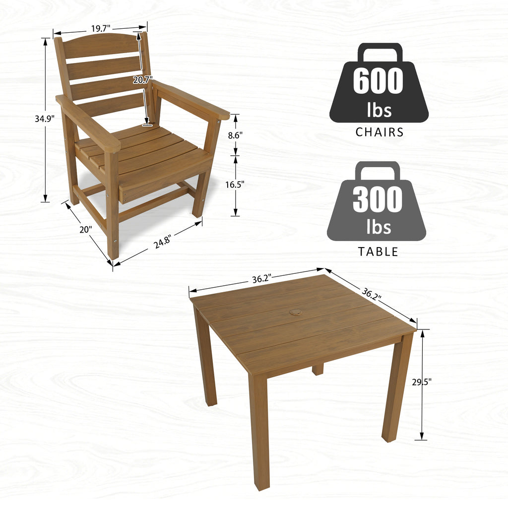 Modern HDPE Patio Dining Set, Poly Lumber Table and Chair, with Umbrella Hole, Weather Resistant, for Outdoor, Yard, Lawn (Teak Tone, 5 Piece - 36.2'' Table)
