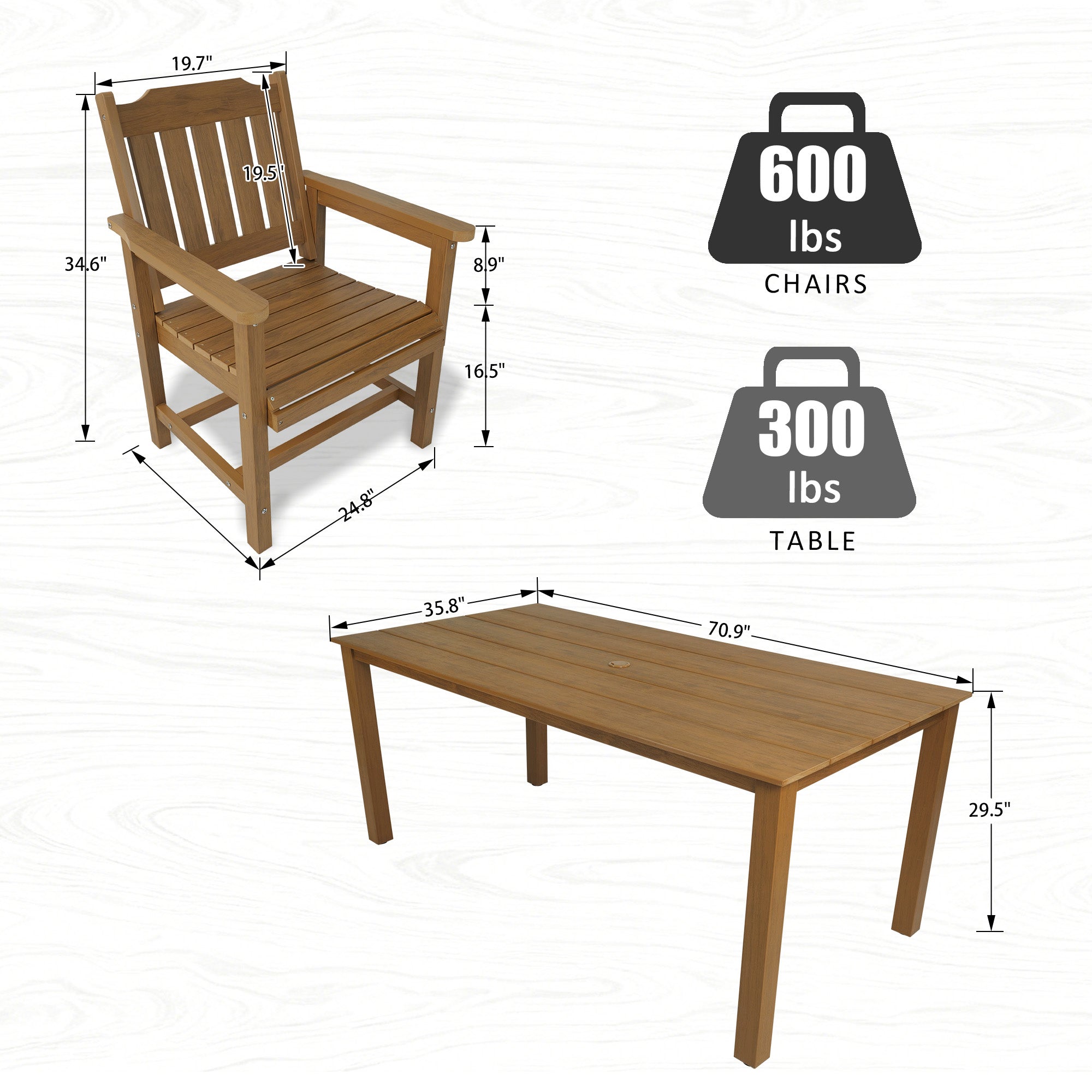 Modern HDPE Patio Dining Set, Poly Lumber Table and Chair, with Umbrella Hole, Weather Resistant, for Outdoor, Yard, Lawn (7 Piece,Teak Tone)