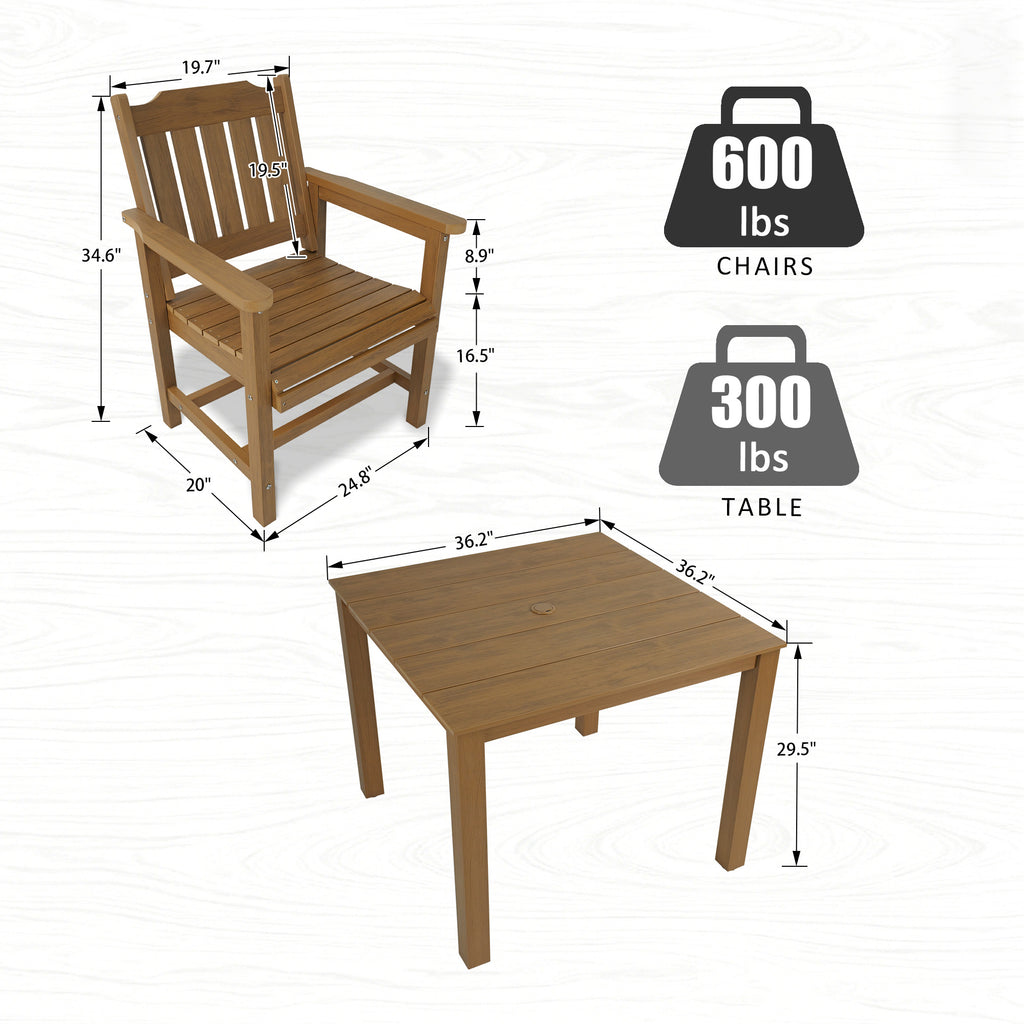 Modern HDPE Patio Dining Set, Poly Lumber Table and Chair, with Umbrella Hole, Weather Resistant, for Outdoor, Yard, Lawn (Teak Tone, 5 Piece - 36.2'' Table)
