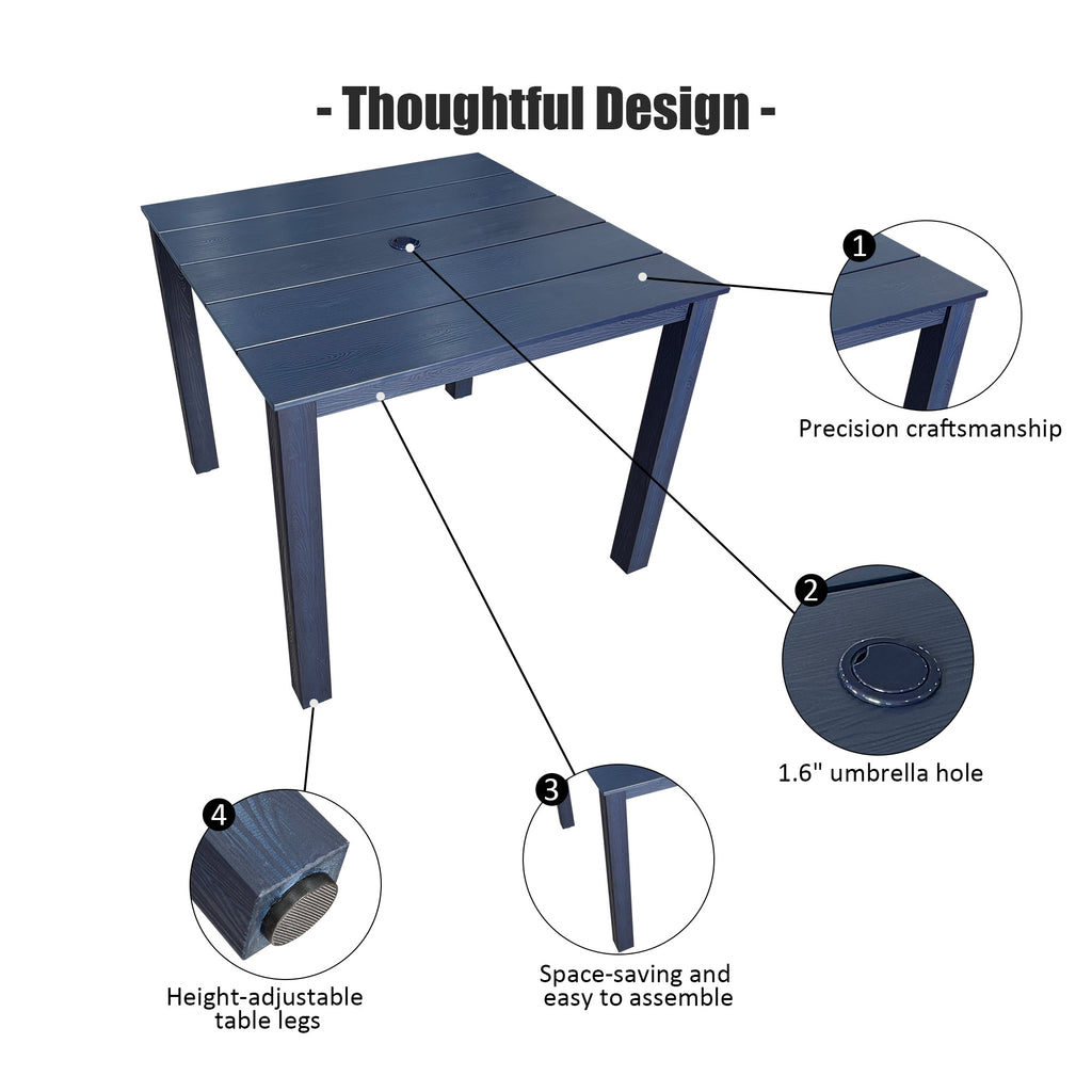 Modern HDPE Patio Dining Set, Poly Lumber Table and Chair, with Umbrella Hole, Weather Resistant, for Outdoor, Yard, Lawn (Navy Blue, 5 Piece - 36.2'' Table)