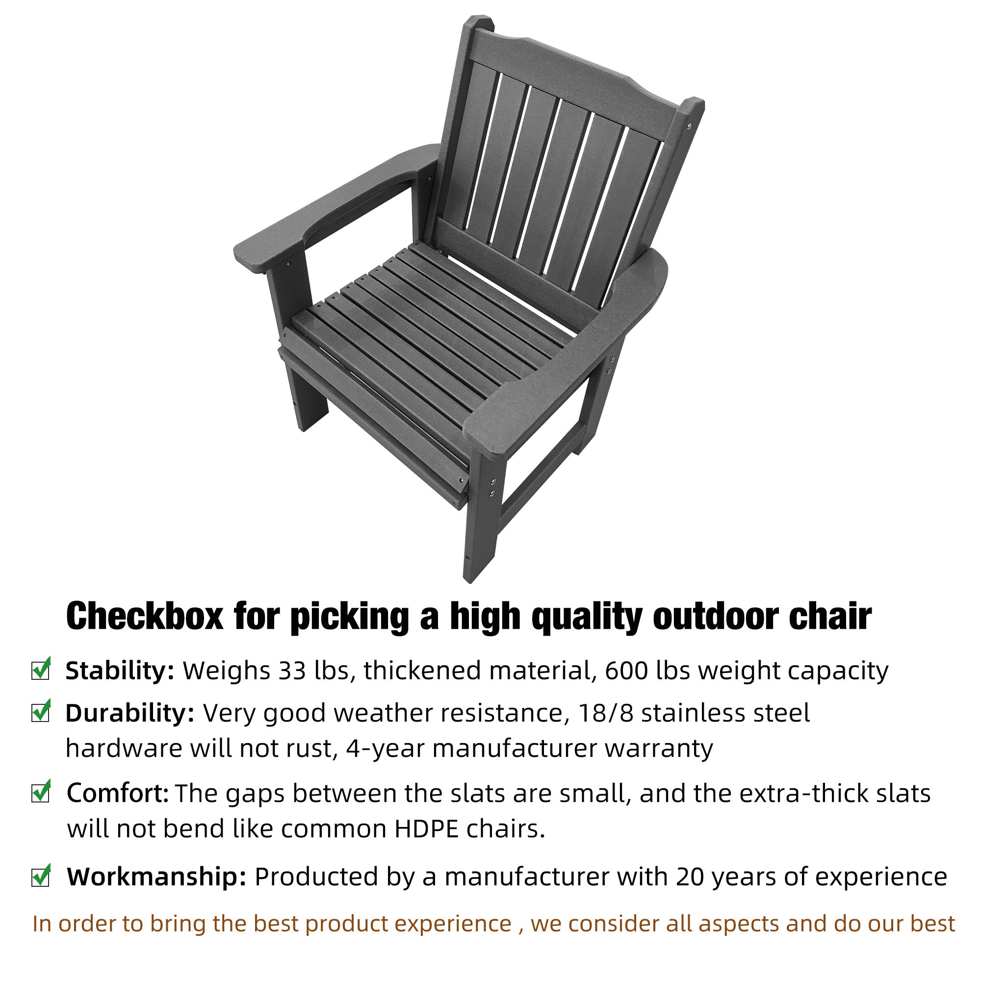 HDPE Patio Dinning Chair, Outdoor Chair with 18/8 Stainless Steel Hardware, Heavy Duty 600 LBS, for Outdoor Patio Garden Yard (Gray)