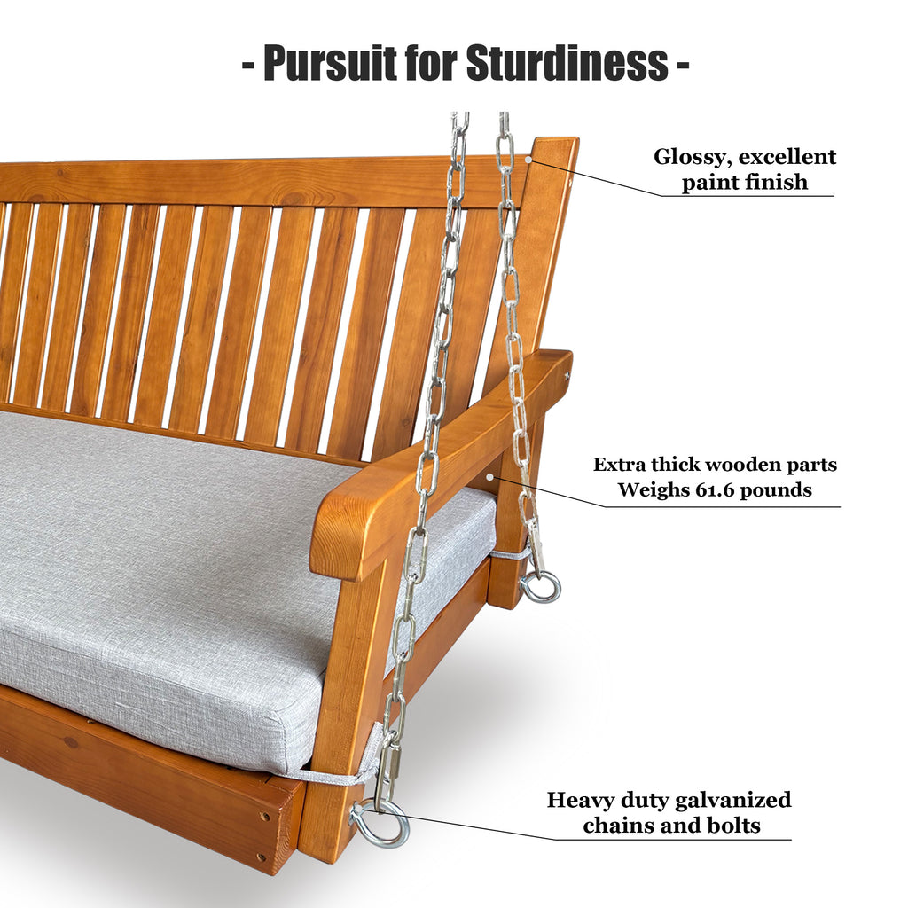 6 FT Wooden Porch Swing Bed with Thick Cushion – Outdoor Hanging Daybed for Patio or Porch, Solid Fir Wood Frame, Weather-Resistant, Heavy Duty 1000 LBS
