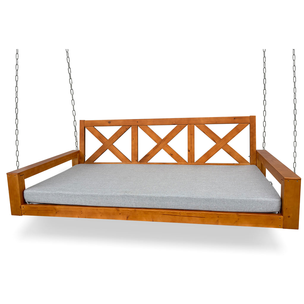 Fortune Candy 6.3 FT Wooden Porch Swing Bed with Thick Cushion – Outdoor Hanging Daybed for Patio or Porch, Solid Fir Wood Frame, Weather-Resistant, Heavy Duty 1000 LBS (Brown)
