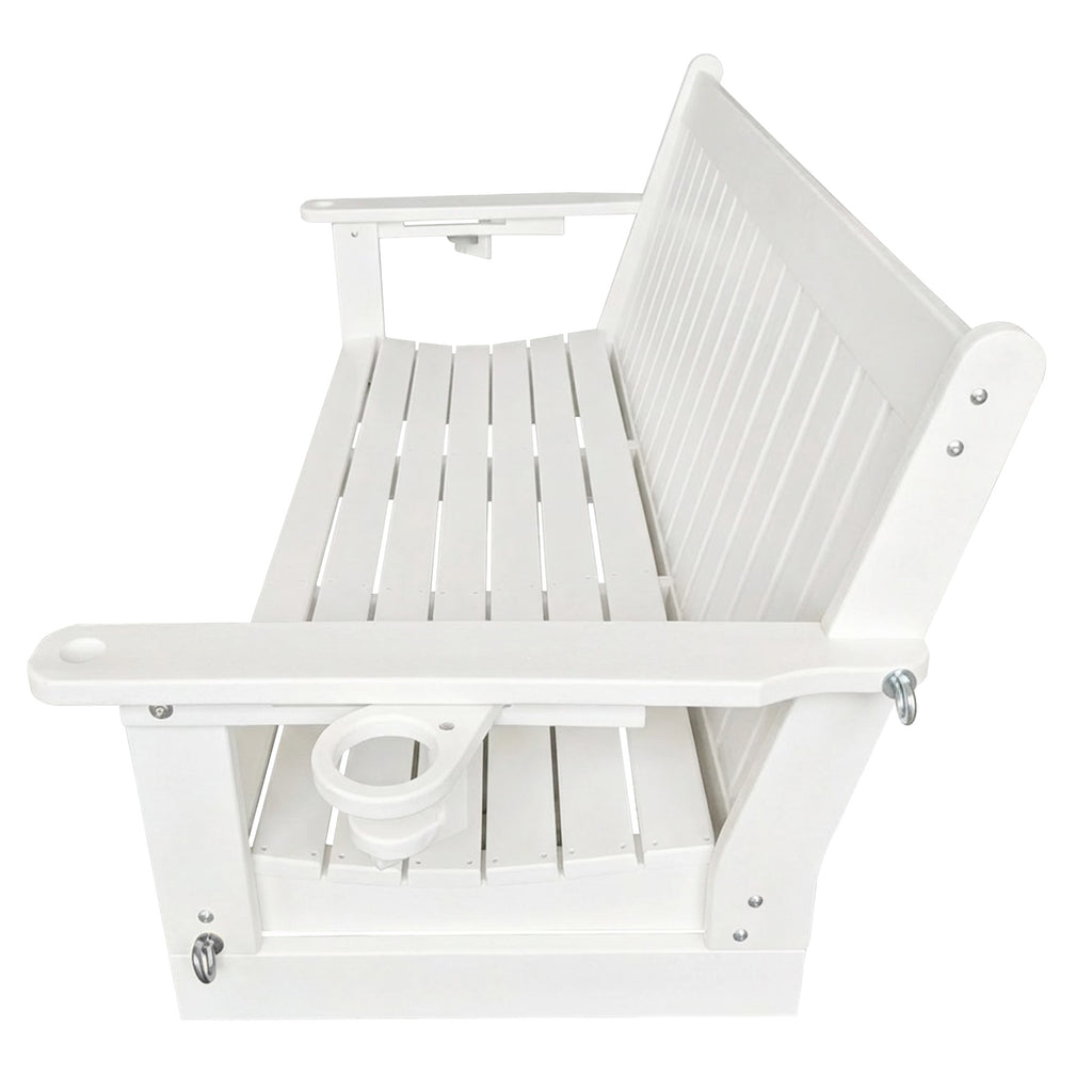HDPE 3-Seater Porch Swing, 5-Feet Bench Swing with Foldable Cup Holders,18/8 Stainless Steel Hardware, High Backrest and Deep Contoured Seat (White, 5-feet)