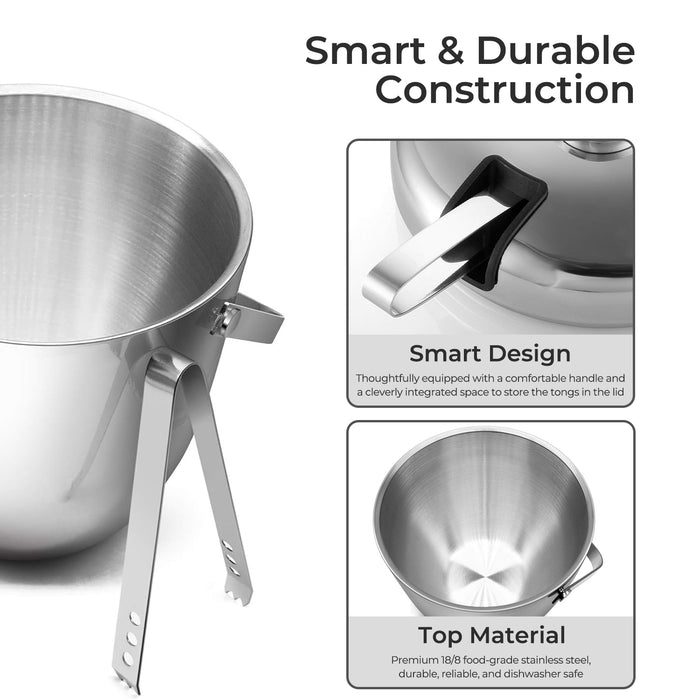 Fortune Candy Insulated Ice Bucket, Stainless Steel Ice Bucket with Ice Tongs, 2.8 L (Silver)