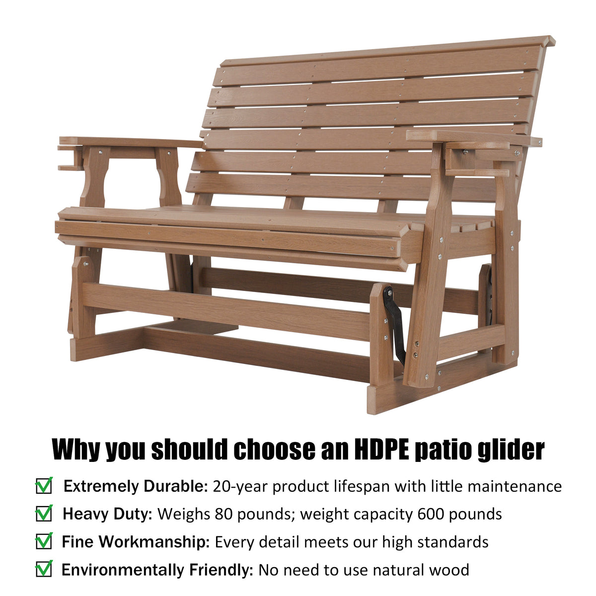 HDPE Patio Glider, Poly Lumber Weather-Resistant Outdoor Glider Bench, for Patio, Porch, Yard,  (Brown, 2-Seater)