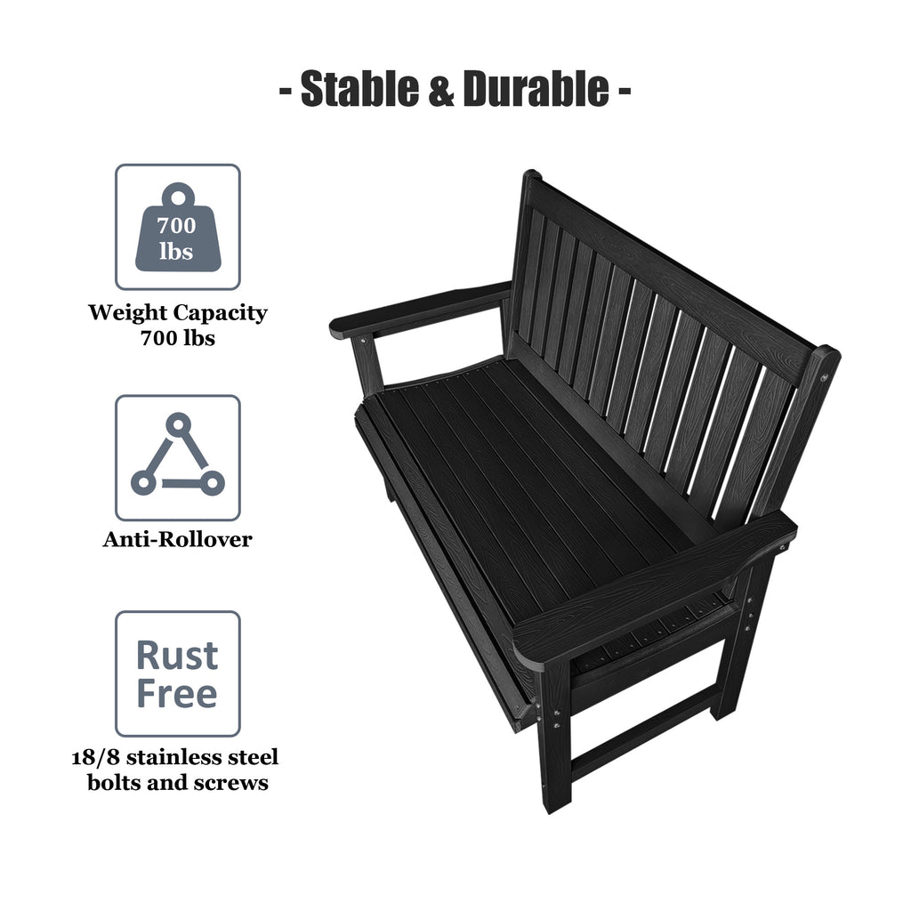 Poly Lumber Outdoor Bench, HIPS All-Weather Bench, Never Rots or Fades, for Patio, Porch, Garden and Park, 700 lbs Weight Capacity (Black, 44-inch)