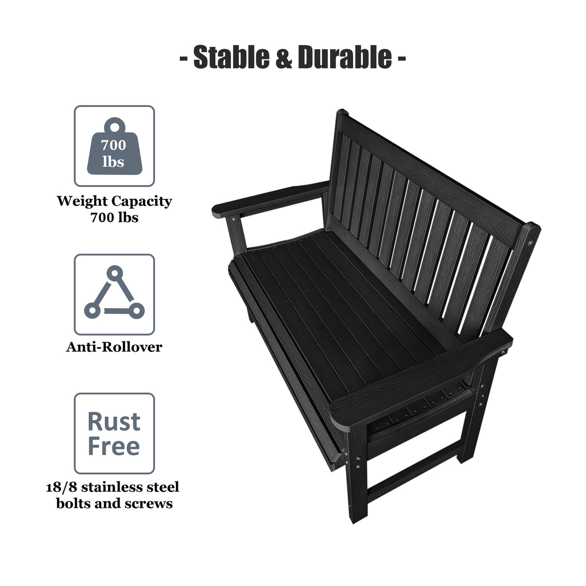 Poly Lumber Outdoor Bench, HIPS All-Weather Bench, Never Rots or Fades, for Patio, Porch, Garden and Park, 700 lbs Weight Capacity (Black, 44-inch)