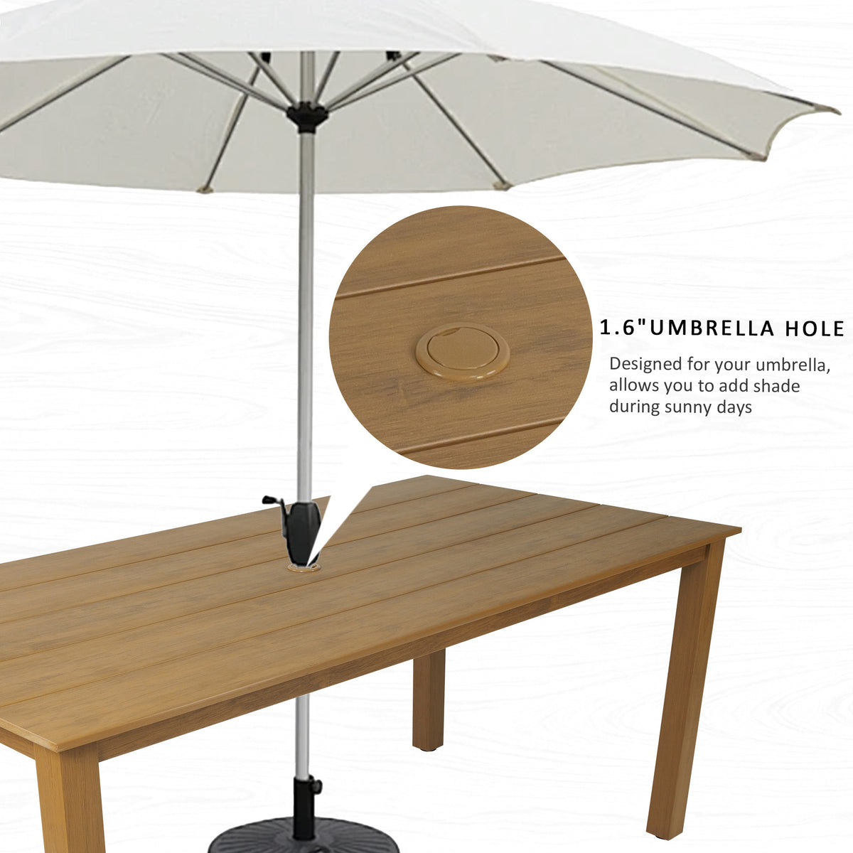 Modern HDPE Patio Dining Set, Poly Lumber Table and Chair, with Umbrella Hole, Weather Resistant, for Outdoor, Yard, Lawn (Teak Tone, 5 Piece - 36.2'' Table)