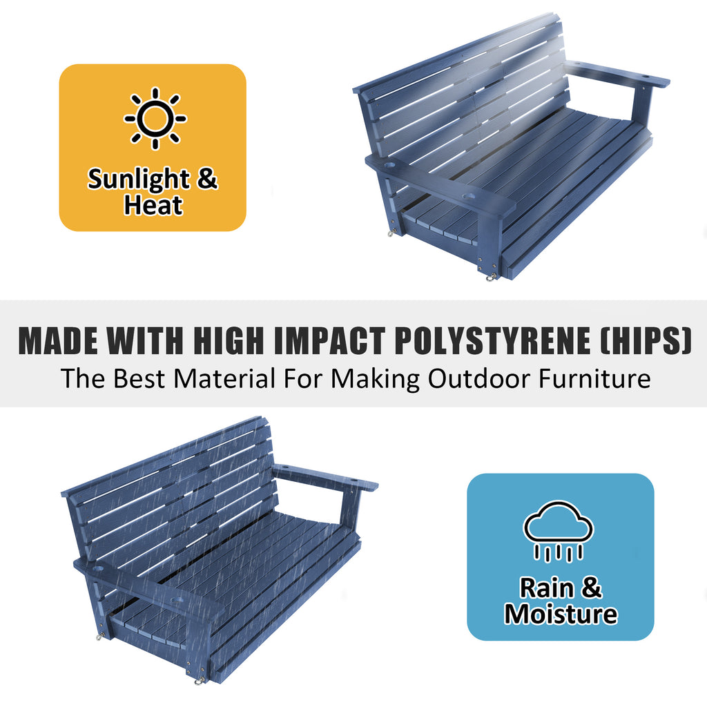 Poly Lumber 3-Seat Porch Swing, HIPS 5-Feet Bench Swing with Foldable Cup Holders,18/8 Stainless Steel Hardware, High Backrest and Deep Contoured Seat (Navy Blue, 5-feet)