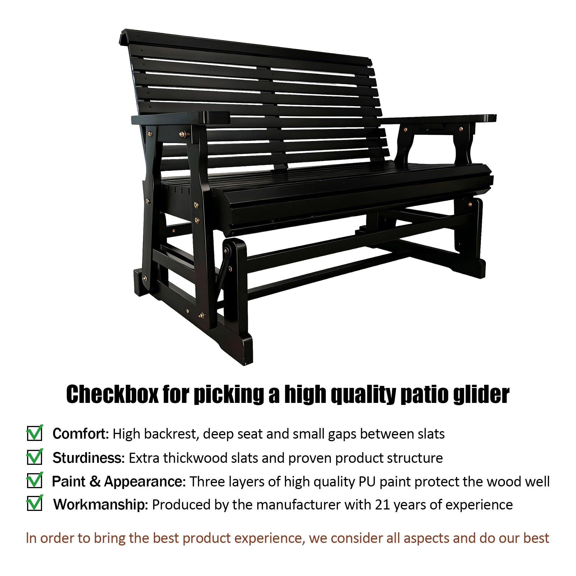 Wooden Patio Glider with High Roll Back and Deep Contoured Seat, Solid Fir Wood, 2-Seater, Heavy Duty 800 LBS, 4 Ft. (Carbon Black)