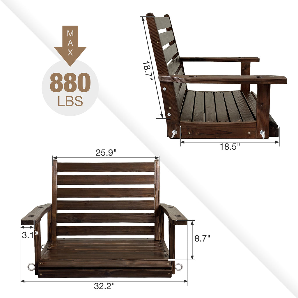 Wooden Porch Swing, Ergonomic Seat, Bench Swing with Hanging Chains and 7mm Springs, Heavy Duty 880 LBS, for Outdoor Patio Garden Yard (Deep Brown, 1-Seater)