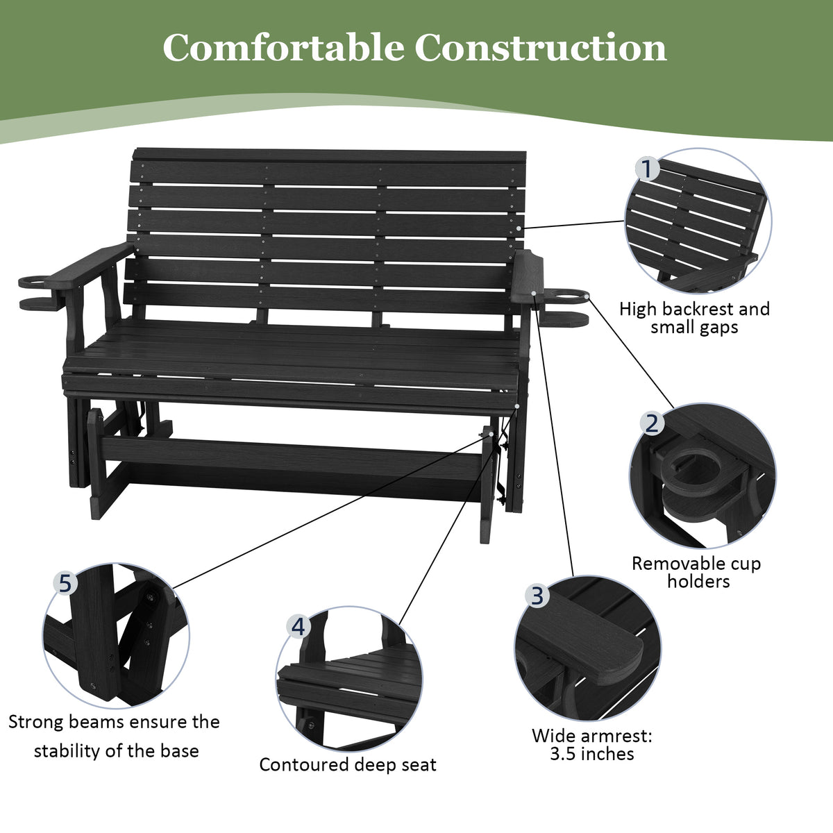 HDPE Patio Glider, Poly Lumber Weather-Resistant Outdoor Glider Bench, for Patio, Porch, Yard,  (Black, 2-Seater)