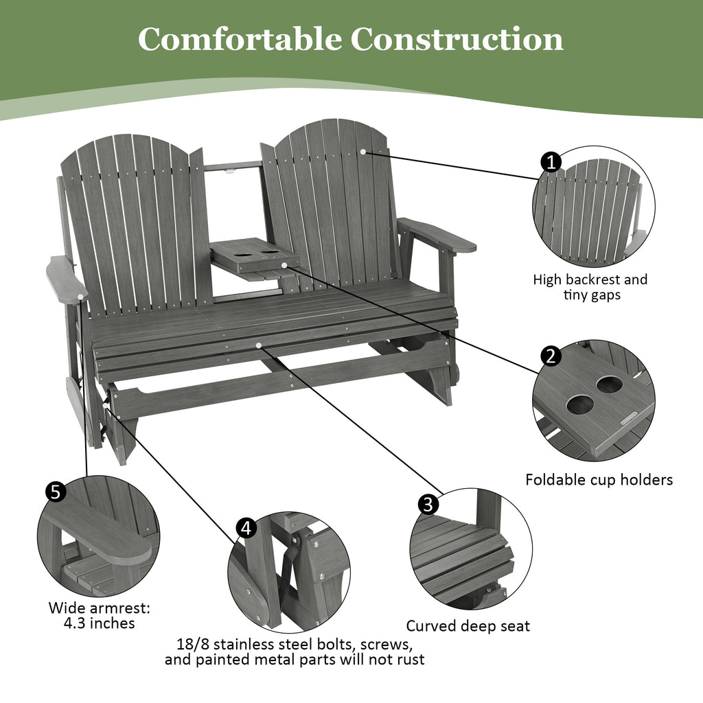 HIPS Patio Glider with Foldable Cup Holders, Durable Poly Lumber Material, All-Weather Resistant, High Backrest and Deep Contoured Seat, Heavy Duty 900 LB, for Outdoor, Porch, Patio (Gray, 3-Seat)