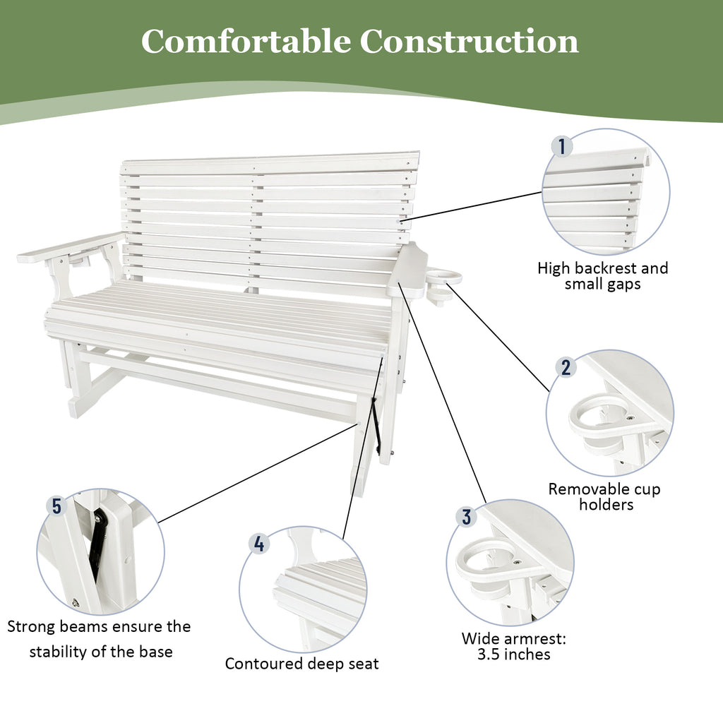 HDPE Patio Glider, Poly Lumber Weather-Resistant Outdoor Glider Bench, for Patio, Porch, Yard (Ivory White, 2-Seater)