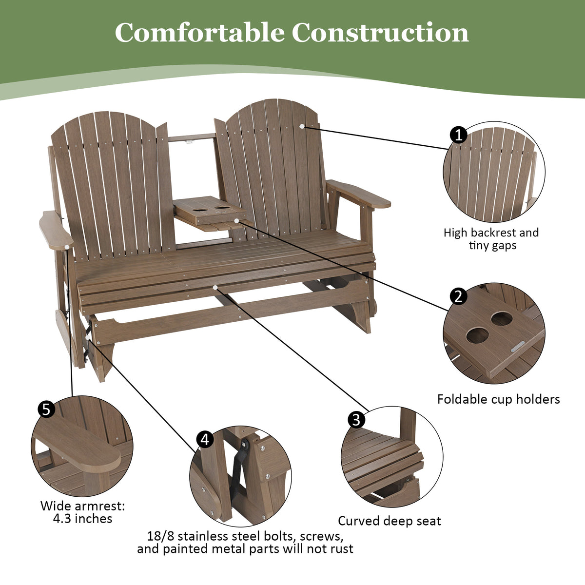 HIPS Patio Glider with Foldable Cup Holders, Durable Poly Lumber Material, All-Weather Resistant, High Backrest and Deep Contoured Seat, Heavy Duty 900 LB, for Outdoor, Porch, Patio (Brown, 3-Seat)